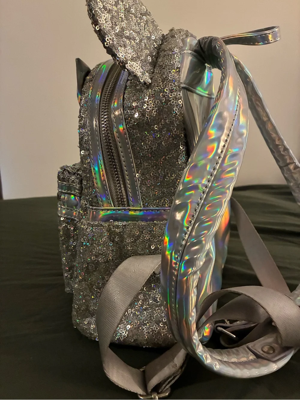 Disney Loungefly Silver Sequin Mini Backpack with Holographic Bow